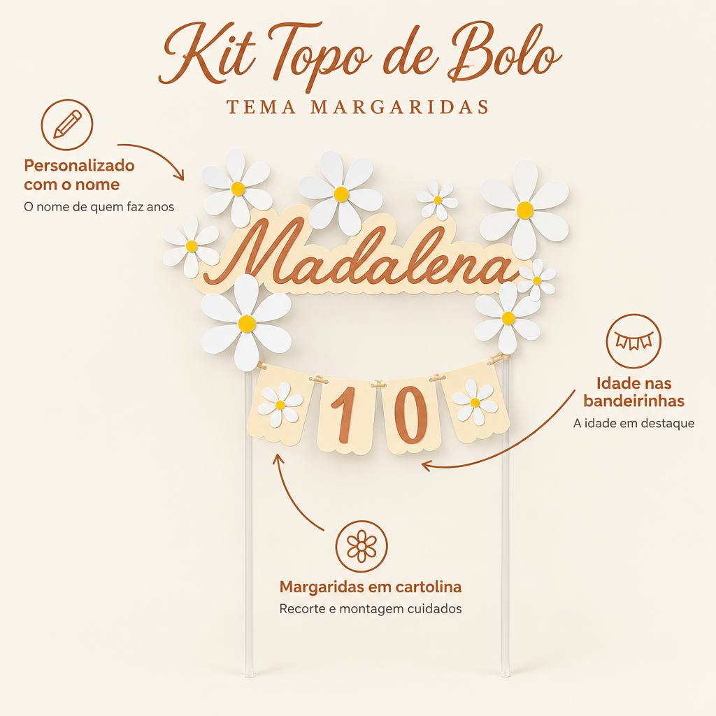 Kit Topo de Bolo Personalizado – Tema Margaridas – benefícios: Personalizado com o nome, Idade nas bandeirinhas, Margaridas em cartolina