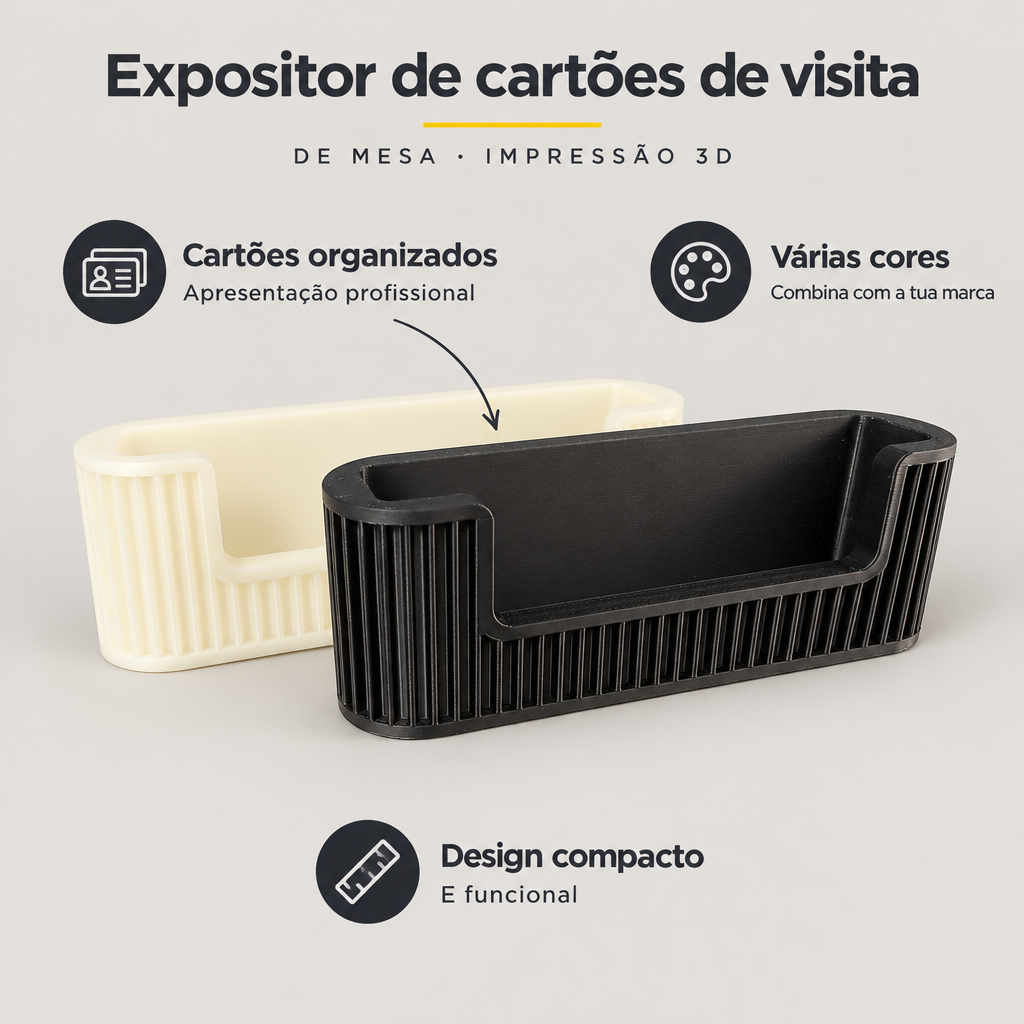 Expositor de Cartões de Visita de Mesa em Impressão 3D – benefícios: Cartões organizados, Várias cores, Design compacto