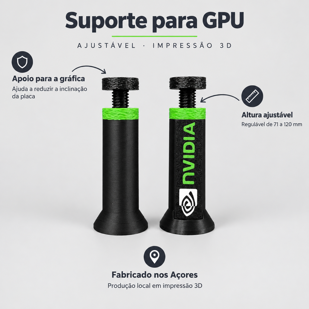 Suporte Ajustável para GPU NVIDIA / Radeon – Impressão 3D – benefícios: Apoio para a gráfica, Altura ajustável, Fabricado nos Açores