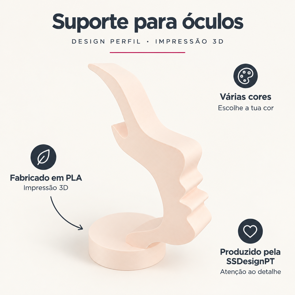 Suporte para Óculos – Design Perfil – benefícios: Fabricado em PLA, Várias cores, Produzido pela SSDesignPT