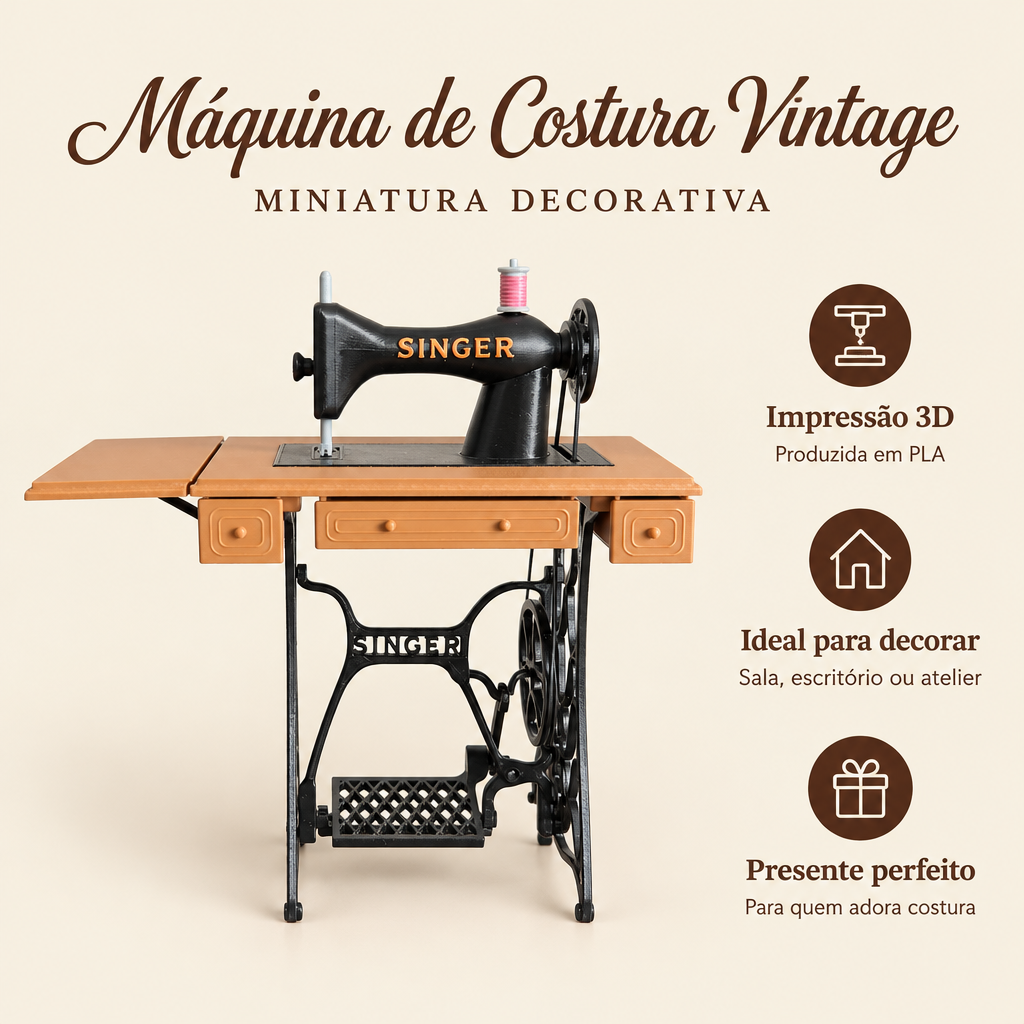 Máquina de Costura Vintage em Miniatura – Peça Decorativa em Impressão 3D – benefícios: Impressão 3D, Ideal para decorar, Presente perfeito