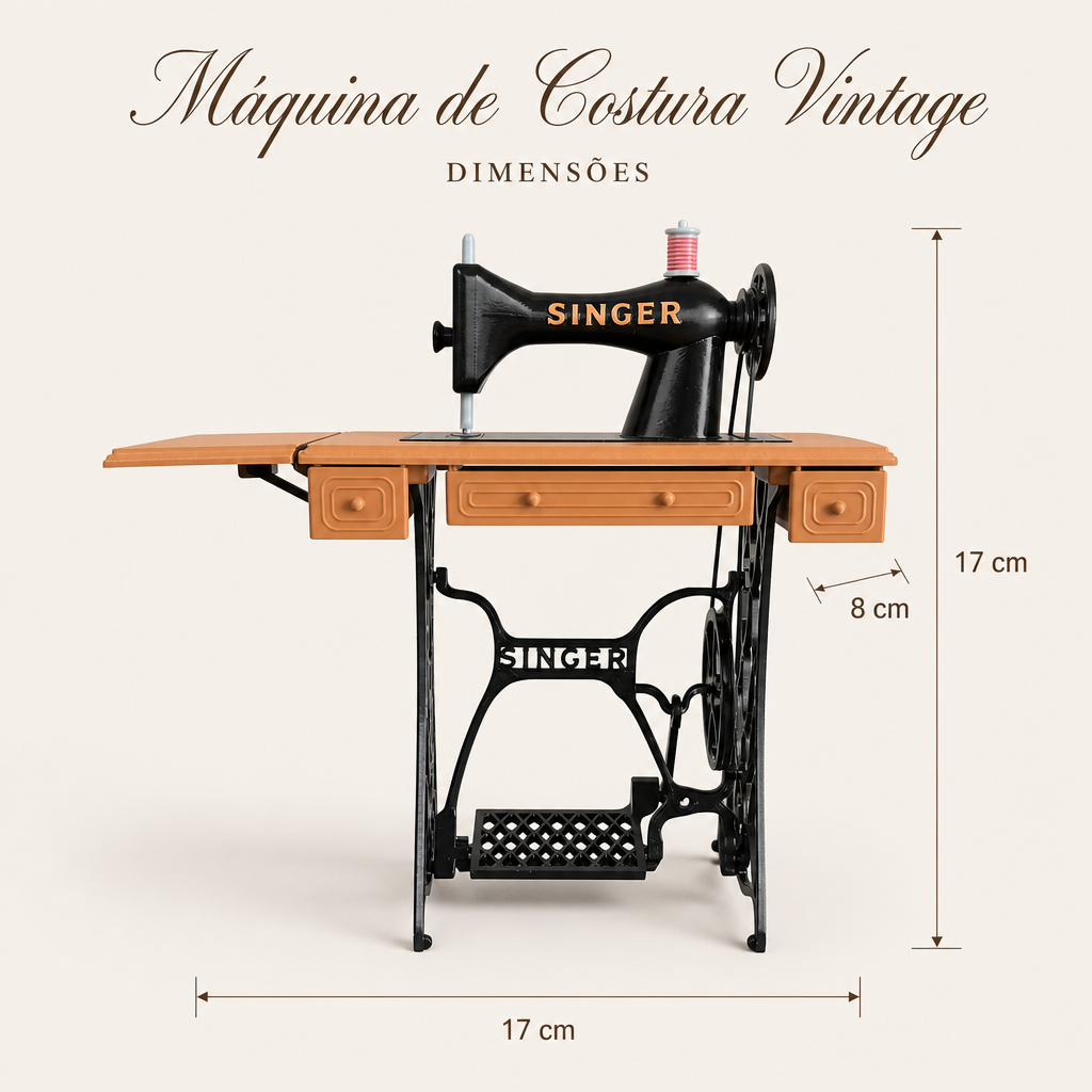 Máquina de Costura Vintage em Miniatura – Peça Decorativa em Impressão 3D – dimensões: 17 cm × 8 cm × 17 cm