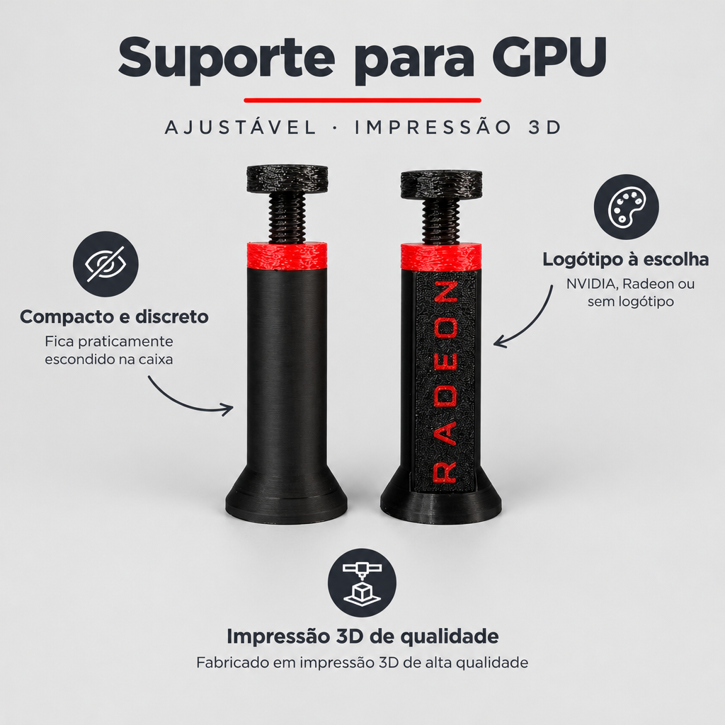 Suporte Ajustável para GPU NVIDIA / Radeon – Impressão 3D – benefícios: Logótipo à escolha, Compacto e discreto, Impressão 3D de qualidade