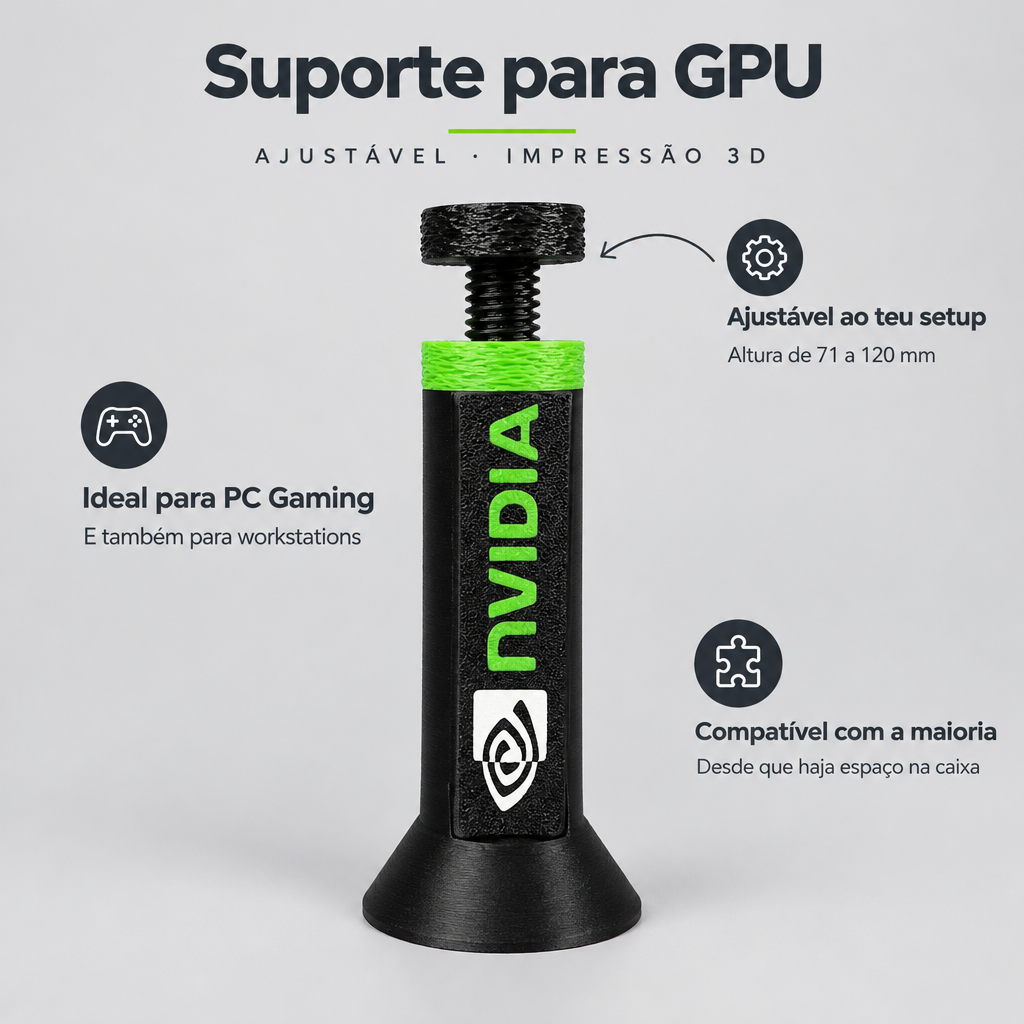 Suporte Ajustável para GPU NVIDIA / Radeon – Impressão 3D – benefícios: Ajustável ao teu setup, Ideal para PC Gaming, Compatível com a maioria