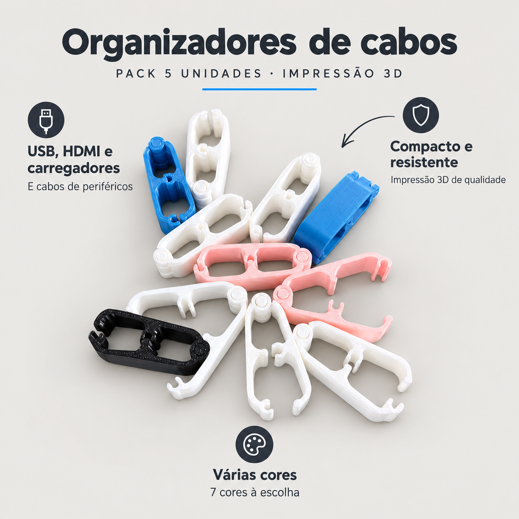 Pack 5 Organizadores de Cabos em Impressão 3D – benefícios: USB, HDMI e carregadores, Compacto e resistente, Várias cores