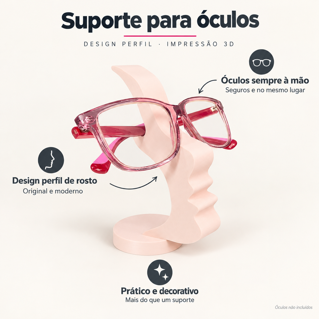 Suporte para Óculos – Design Perfil – benefícios: Óculos sempre à mão, Design perfil de rosto, Prático e decorativo