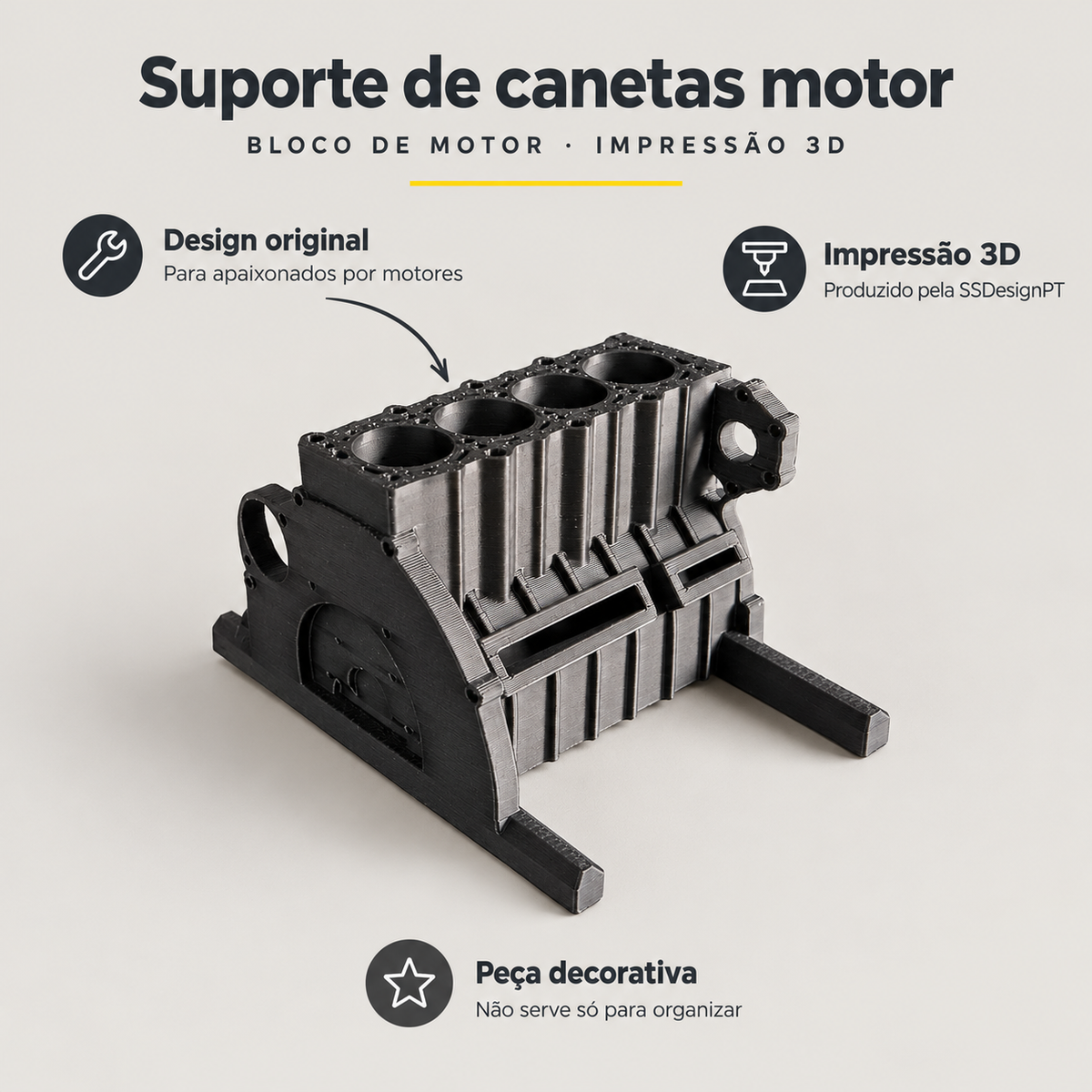 Suporte de Canetas em Forma de Motor – Impressão 3D – benefícios: Design original, Impressão 3D, Peça decorativa