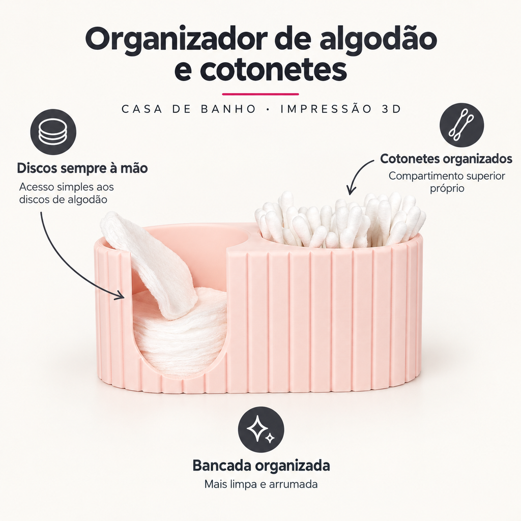 Organizador de Algodão e Cotonetes em 3D – Rosa – benefícios: Discos sempre à mão, Cotonetes organizados, Bancada organizada