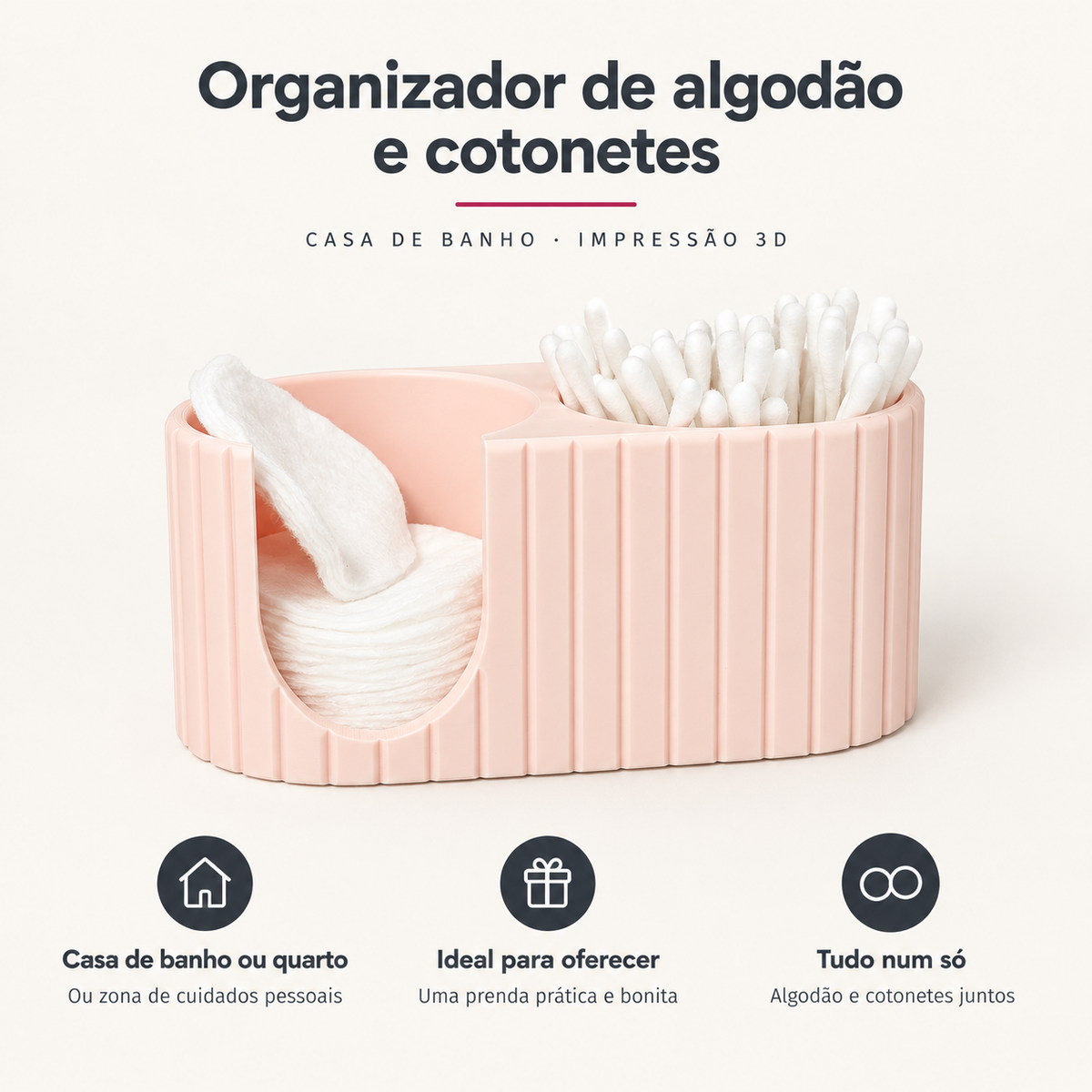 Organizador de Algodão e Cotonetes em 3D – Rosa – benefícios: Casa de banho ou quarto, Ideal para oferecer, Tudo num só