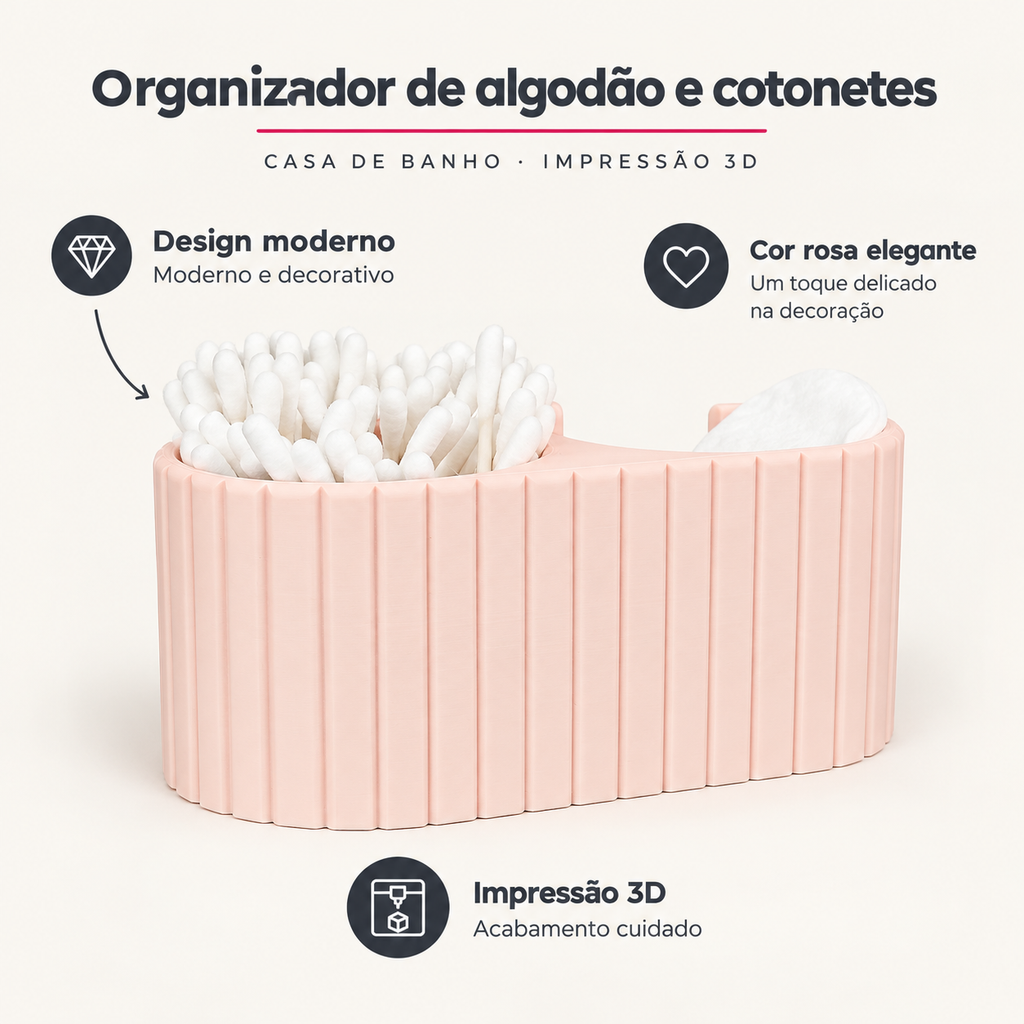 Organizador de Algodão e Cotonetes em 3D – Rosa – benefícios: Design moderno, Cor rosa elegante, Impressão 3D