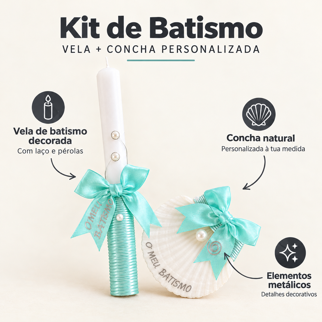 Kit de Batismo Personalizado – Vela + Concha – benefícios: Vela de batismo decorada, Concha natural, Elementos metálicos