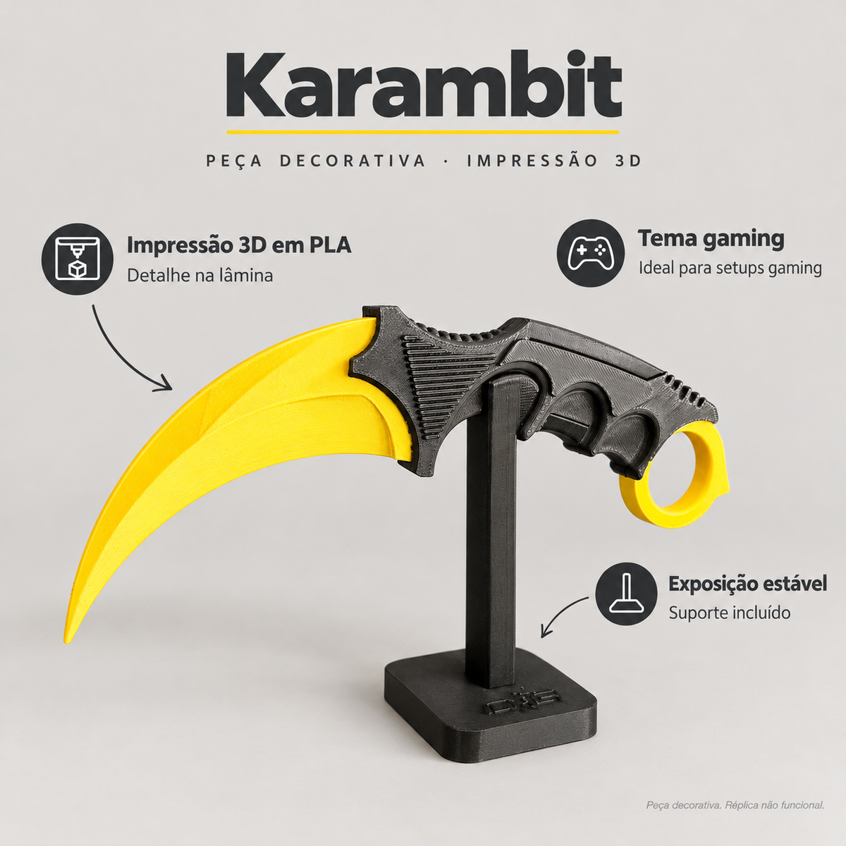 Karambit – Peça Decorativa – benefícios: Tema gaming, Impressão 3D em PLA, Exposição estável