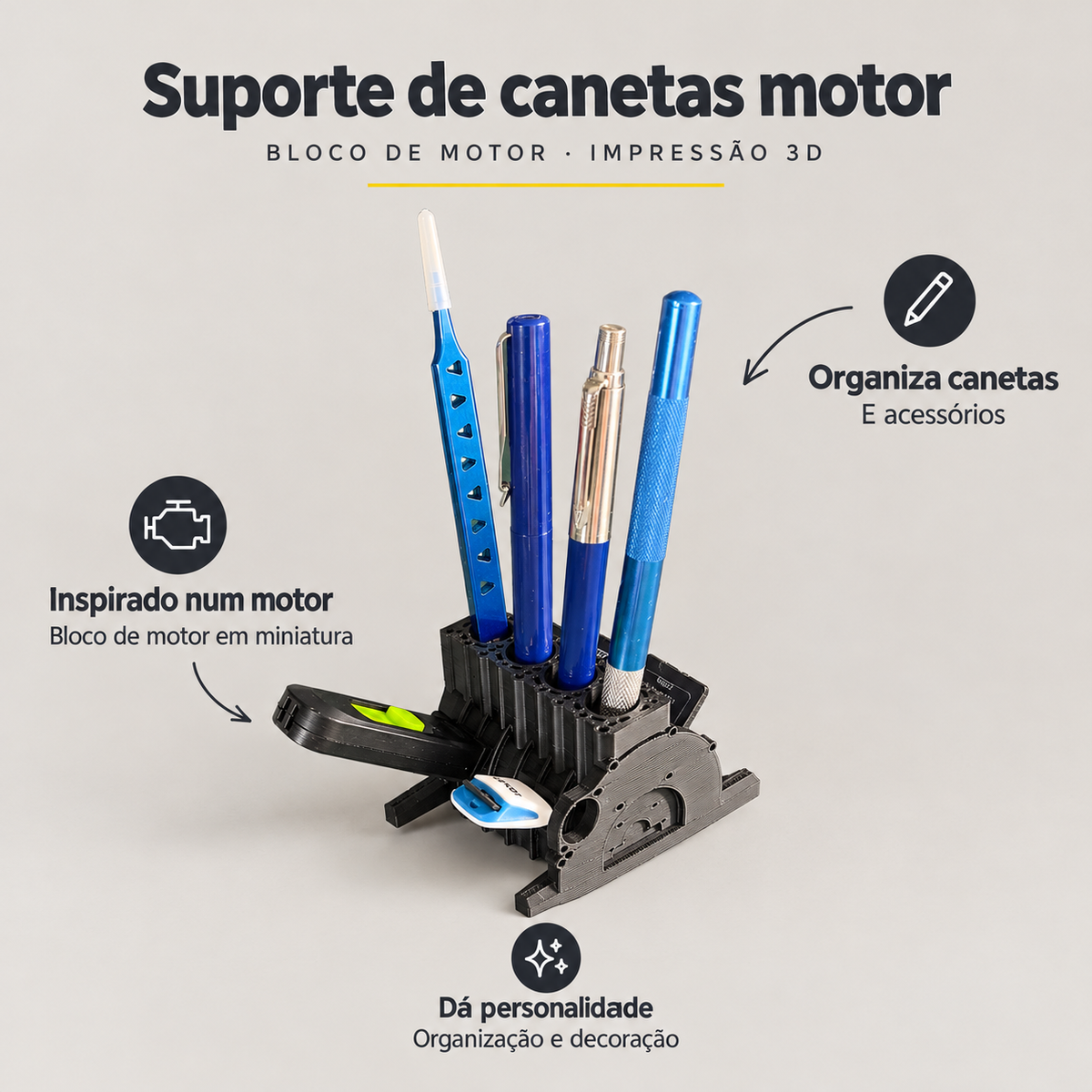 Suporte de Canetas em Forma de Motor – Impressão 3D – benefícios: Inspirado num motor, Organiza canetas, Dá personalidade