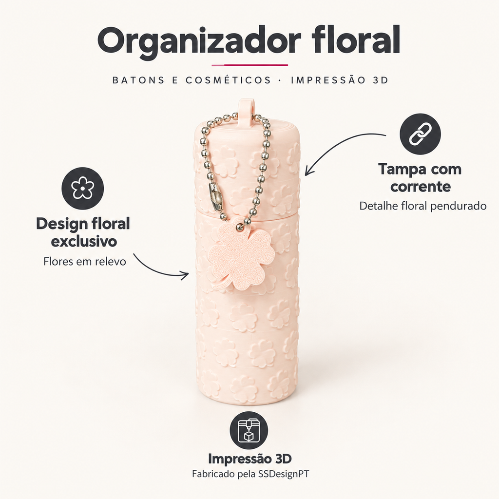 Organizador Floral para Batons e Cosméticos – Porta Maquilhagem 3D – benefícios: Design floral exclusivo, Tampa com corrente, Impressão 3D