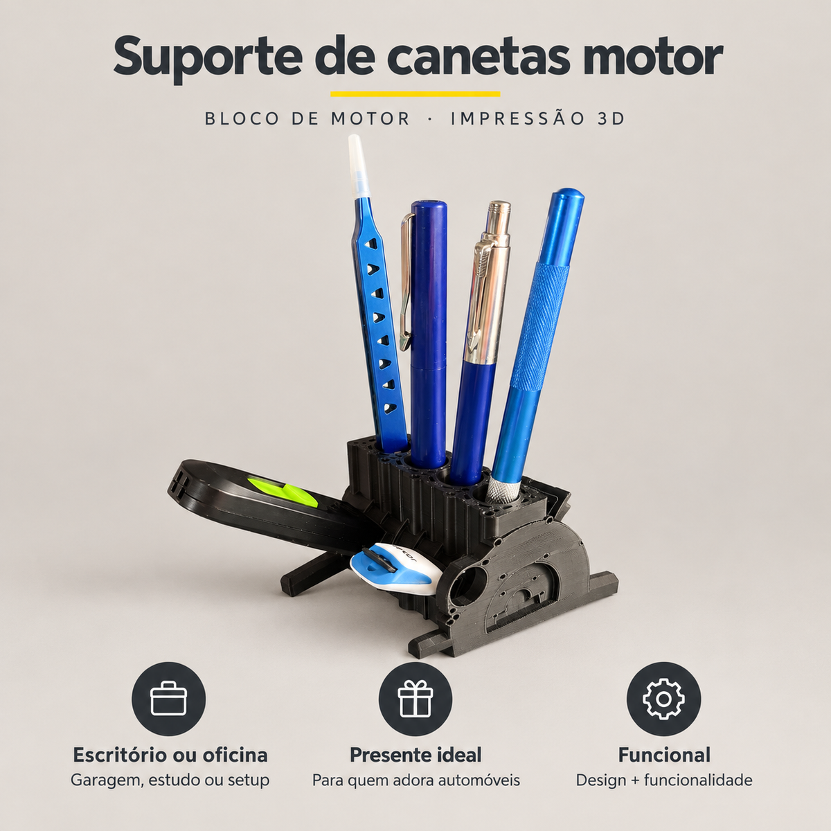Suporte de Canetas em Forma de Motor – Impressão 3D – benefícios: Escritório ou oficina, Presente ideal, Funcional