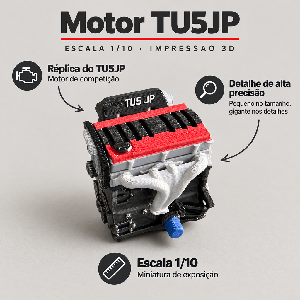 Miniatura Motor Citroën / Peugeot TU5JP 1/10 – Impressão 3D – benefícios: Réplica do TU5JP, Detalhe de alta precisão, Escala 1/10