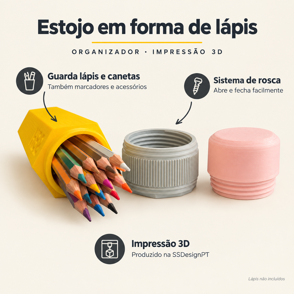 Estojo em Forma de Lápis – Organizador de Secretária 3D – benefícios: Guarda lápis e canetas, Sistema de rosca, Impressão 3D