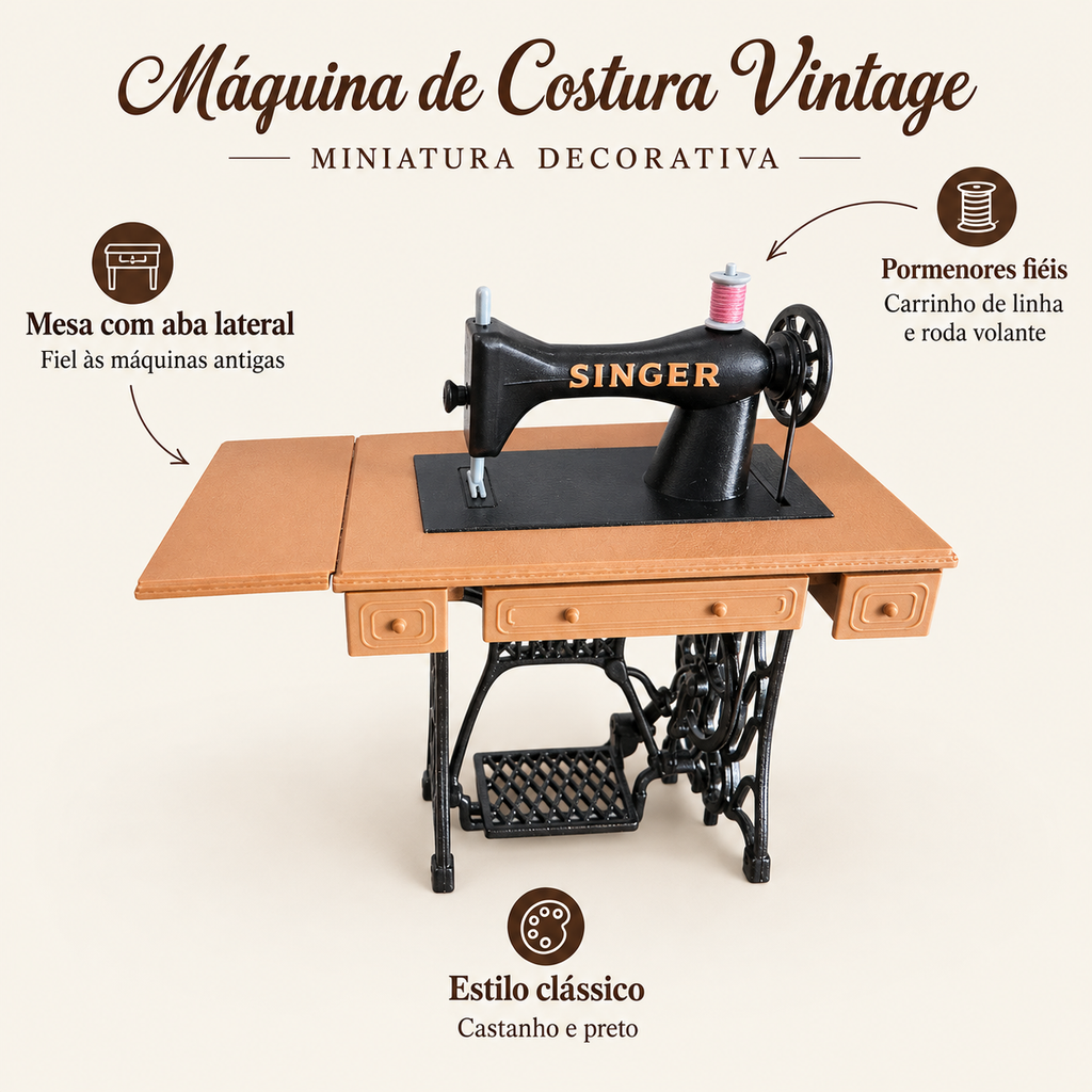 Máquina de Costura Vintage em Miniatura – Peça Decorativa em Impressão 3D – benefícios: Pormenores fiéis, Mesa com aba lateral, Estilo clássico