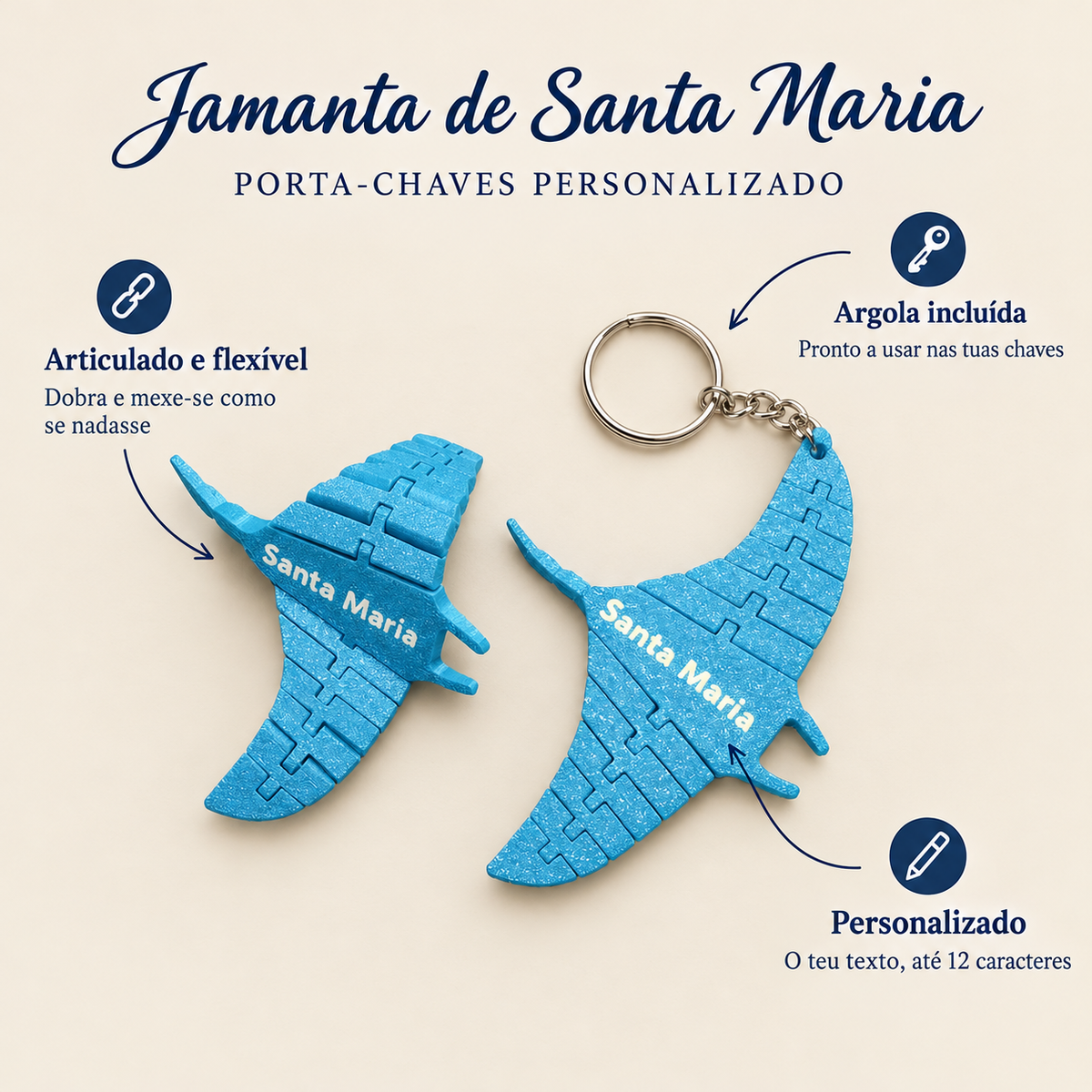 Porta-chaves Jamanta de Santa Maria – Articulado em Impressão 3D – benefícios: Articulado e flexível, Personalizado, Argola incluída