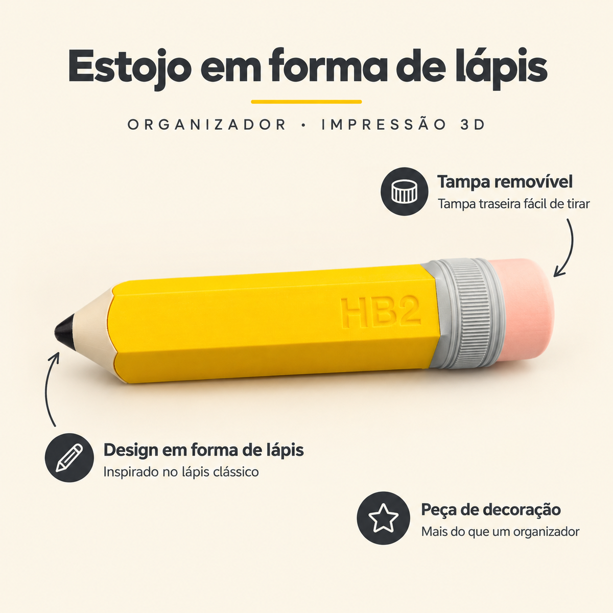 Estojo em Forma de Lápis – Organizador de Secretária 3D – benefícios: Design em forma de lápis, Tampa removível, Peça de decoração
