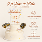 Kit Topo de Bolo Personalizado – Tema Margaridas – benefícios: Ideal para aniversários, Tudo a condizer, Confirmamos contigo