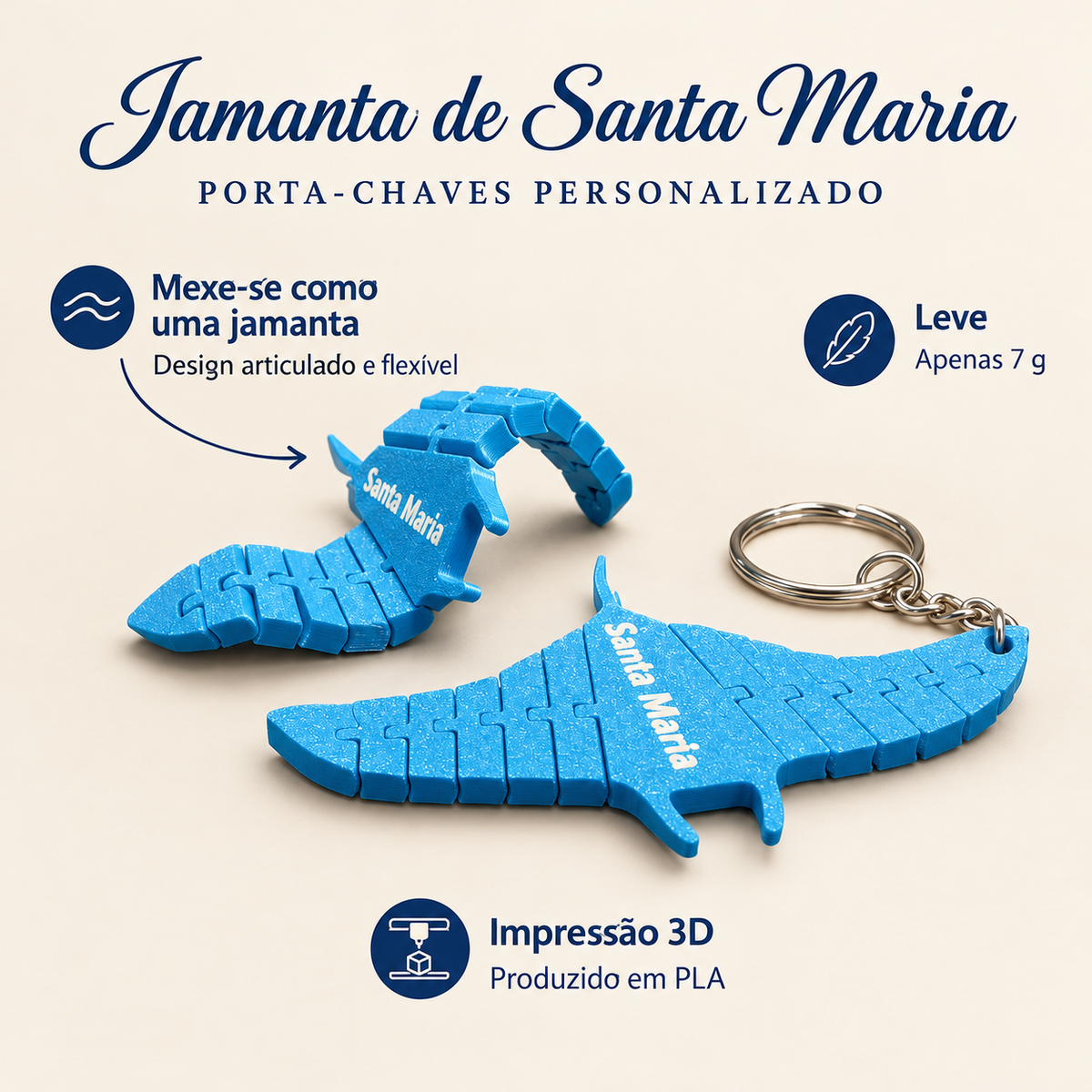 Porta-chaves Jamanta de Santa Maria – Articulado em Impressão 3D – benefícios: Mexe-se como uma jamanta, Leve, Impressão 3D
