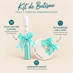 Kit de Batismo Personalizado – Vela + Concha – benefícios: Personalizado com o nome, Laços em cetim e pérolas, Acabamento manual
