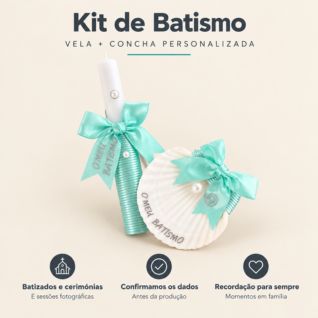 Kit de Batismo Personalizado – Vela + Concha – benefícios: Batizados e cerimónias, Confirmamos os dados, Recordação para sempre