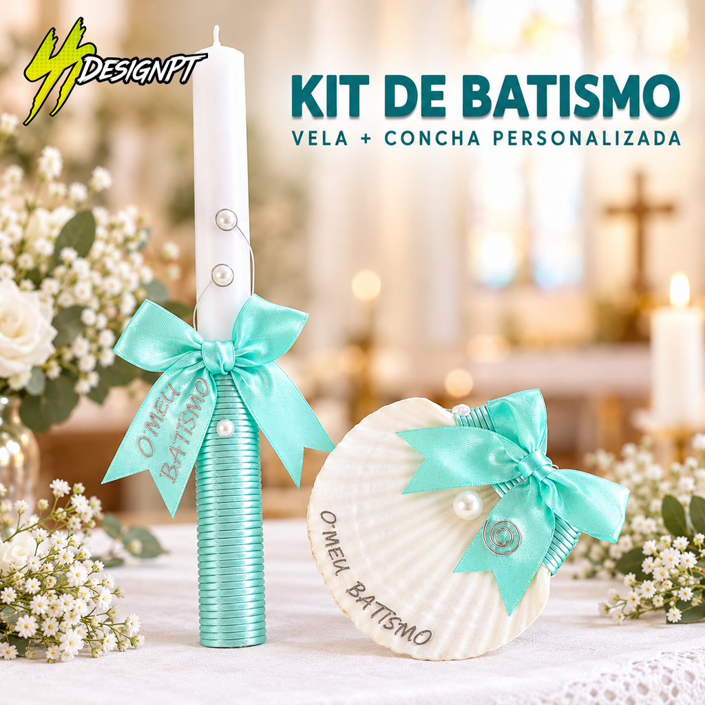 Kit de Batismo Personalizado – Vela + Concha – SSDesignPT