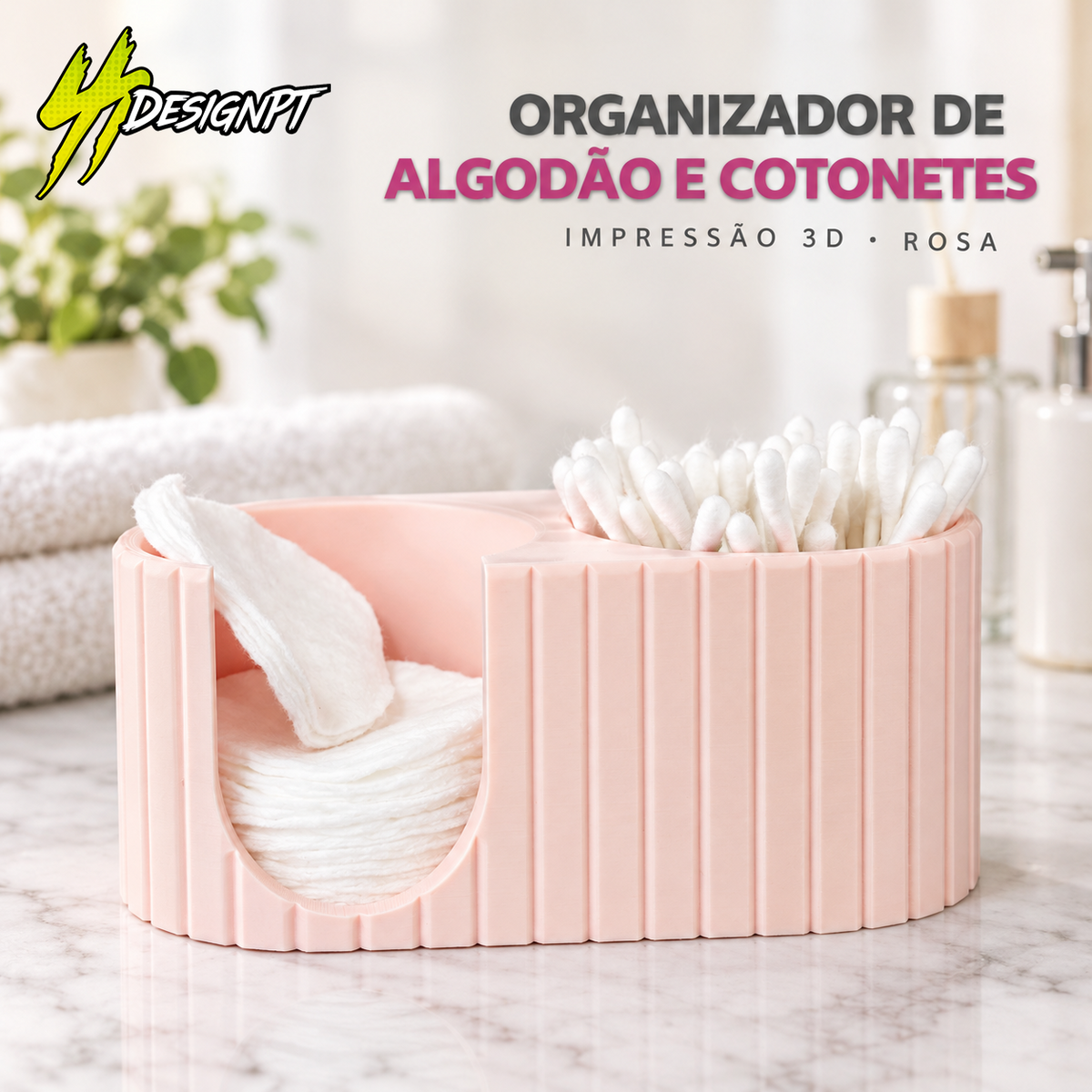 Organizador de Algodão e Cotonetes em 3D – Rosa – SSDesignPT