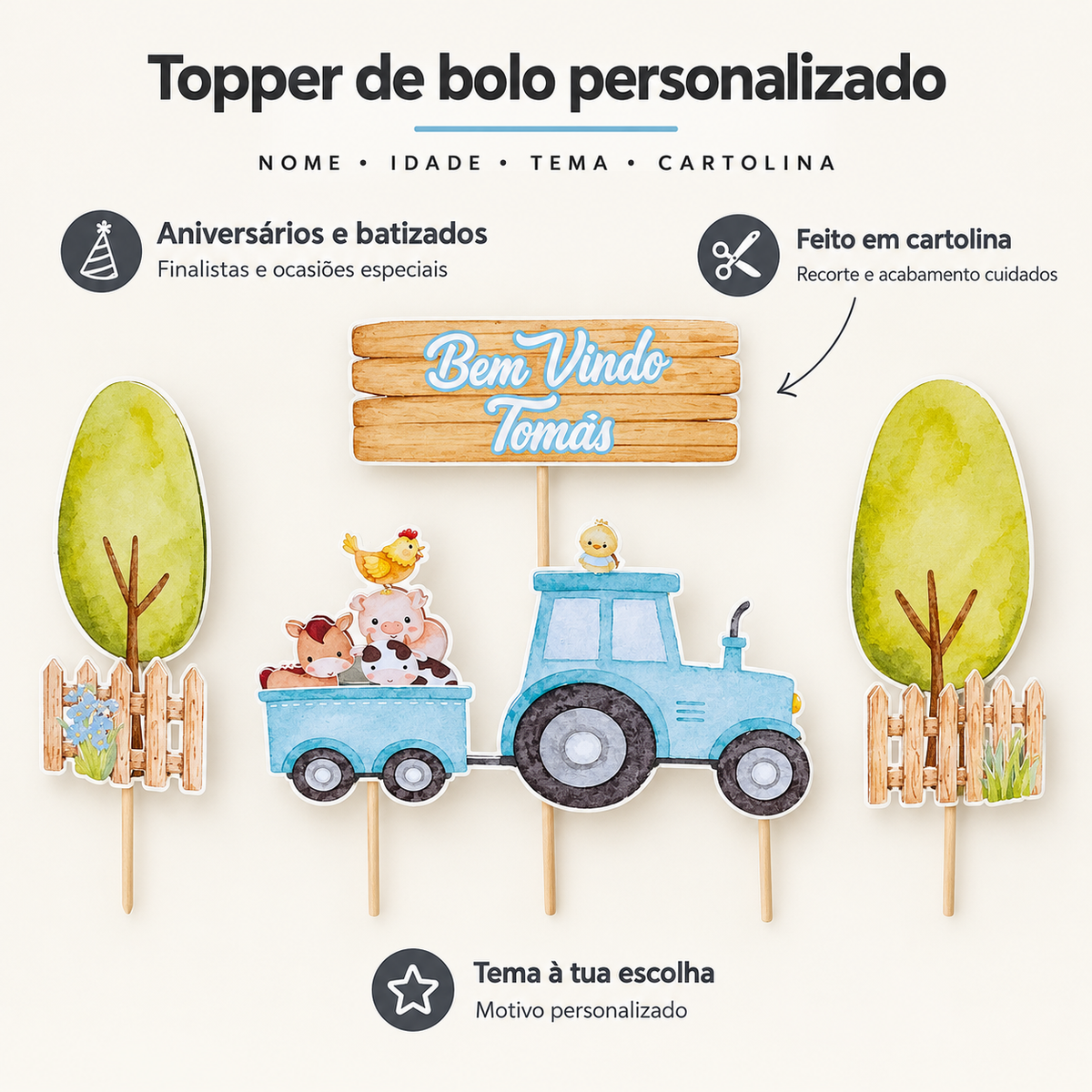 Topper de Bolo Personalizado em Cartolina – benefícios: Aniversários e batizados, Feito em cartolina, Tema à tua escolha