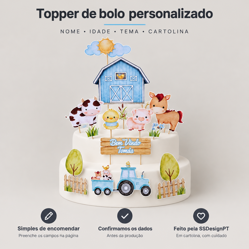 Topper de Bolo Personalizado em Cartolina – benefícios: Simples de encomendar, Confirmamos os dados, Feito pela SSDesignPT